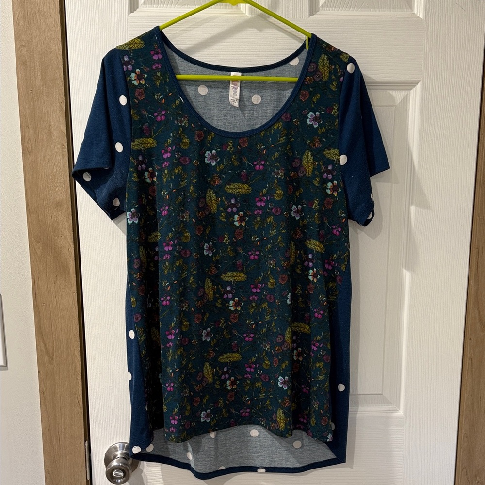 LuLaRoe Navy Floral and Polka Dot Short Sleeve Top